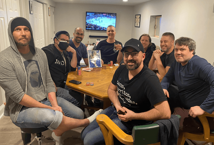 The final full in-person home game on May 12, 2023, a year before Albini's death. Left to Right: Shack-Harris, Albini, Kosinski, Yancy Blaylock, Brent White (front), Jon San Paolo, Jason Gola, Matt Grapenthien.